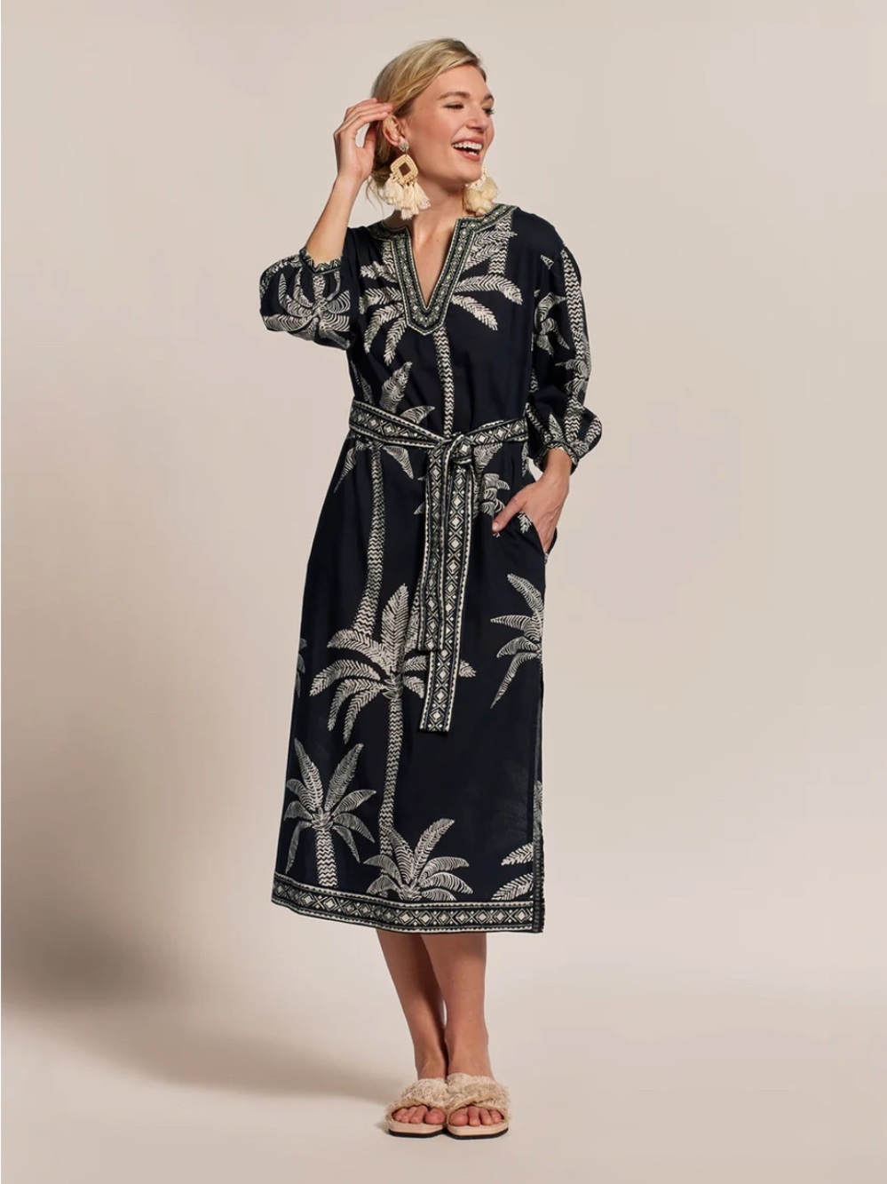 Tori Richard Black Dress with Cream Palm Print and Geometric Trim